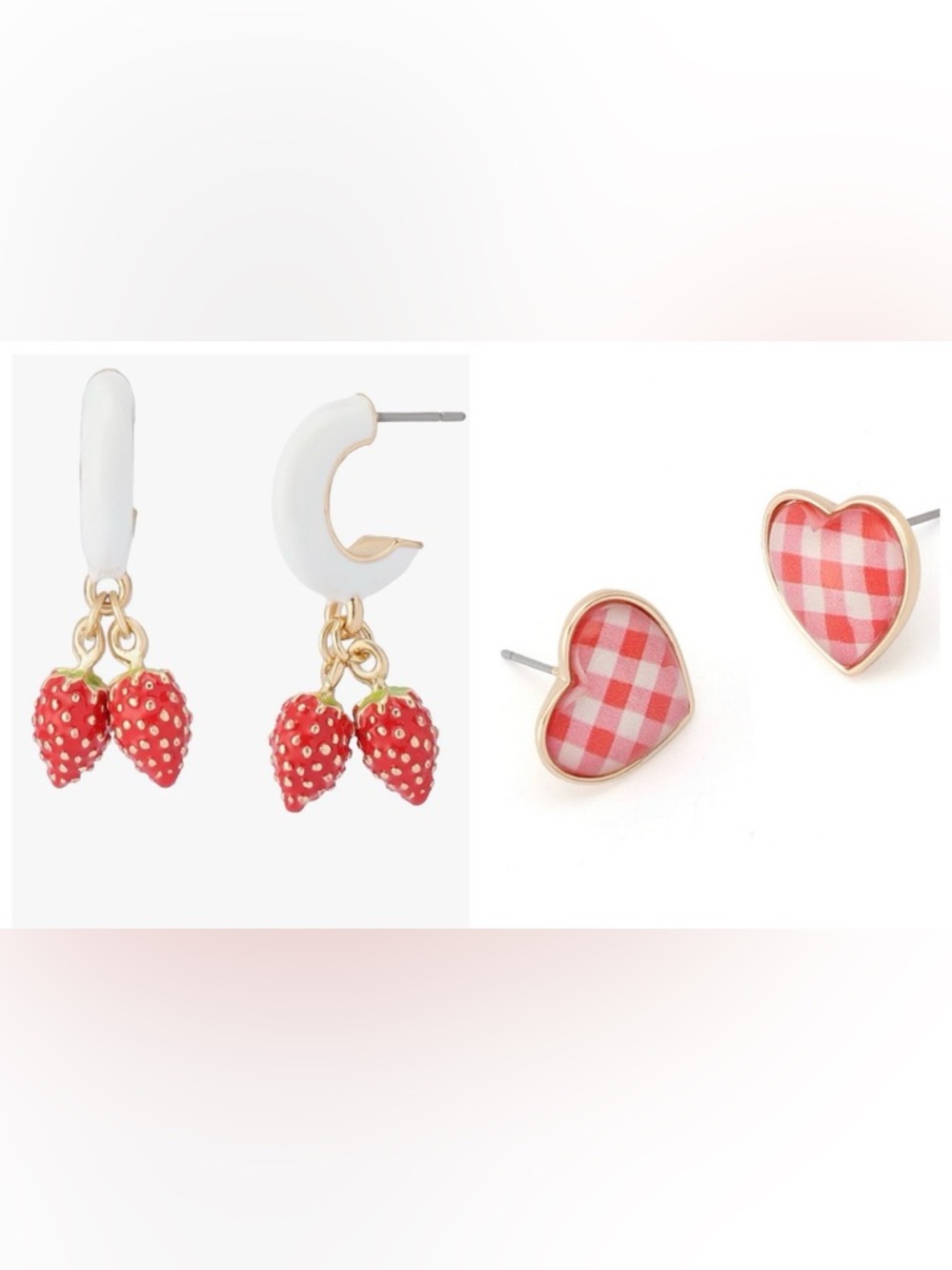 New Betsey Johnson Strawberry Dangle Earrings and Gingham Heart Studs Set